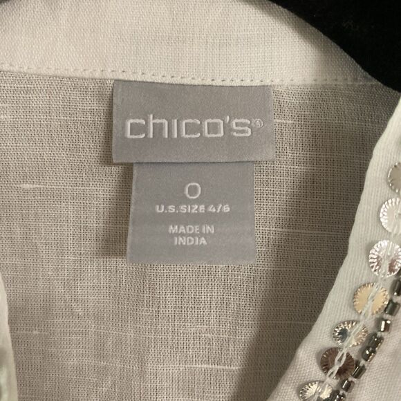 CHICO'S SZ 0 WHITE & Silver EMBELLISHED TUNIC TOP SEQUIN BEADED Linen Blend - Picture 5 of 6